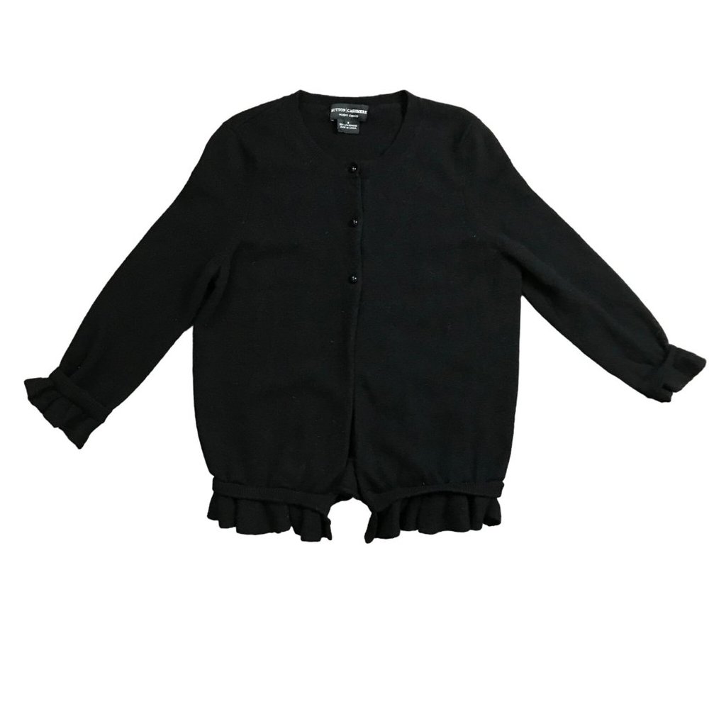 Sutton Cashmere Modern Classic Ruffle Black 3 Button Cardigan‎ Sweater Women's S